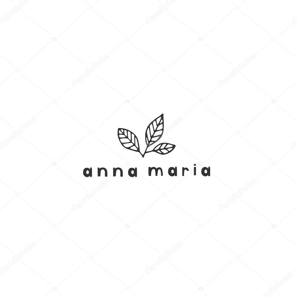 Vector floral hand drawn logo template in elegant and minimal style. Branch with leaves. Black on white illustration. For badges, labels, logotypes and branding business identity.