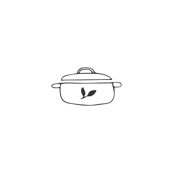 Elemento logotipo da cozinha, panela. Objeto desenhado à mão vetorial . — Vetor de Stock