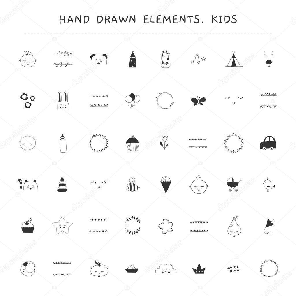 Big vector set of hand drawn elements. Illustrations for children related business branding and identity. For kids club, camp or shop, for professional nanny. Black on white illustration.