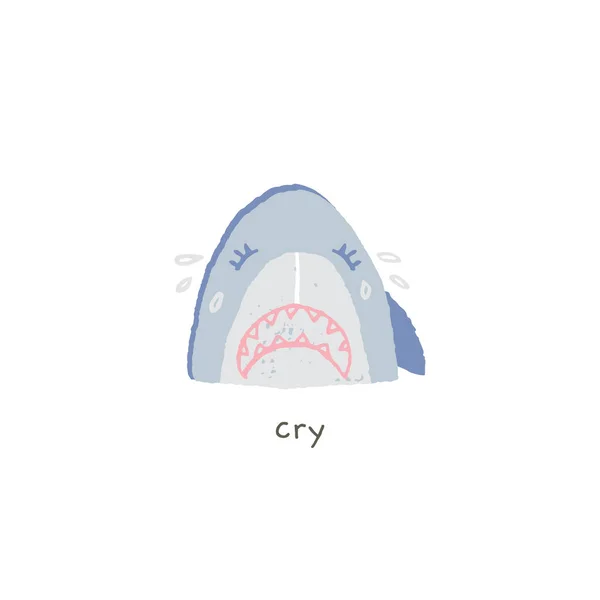 Emoji disegnato a mano vettoriale. Bel sorriso di squalo è triste e piangere . — Vettoriale Stock
