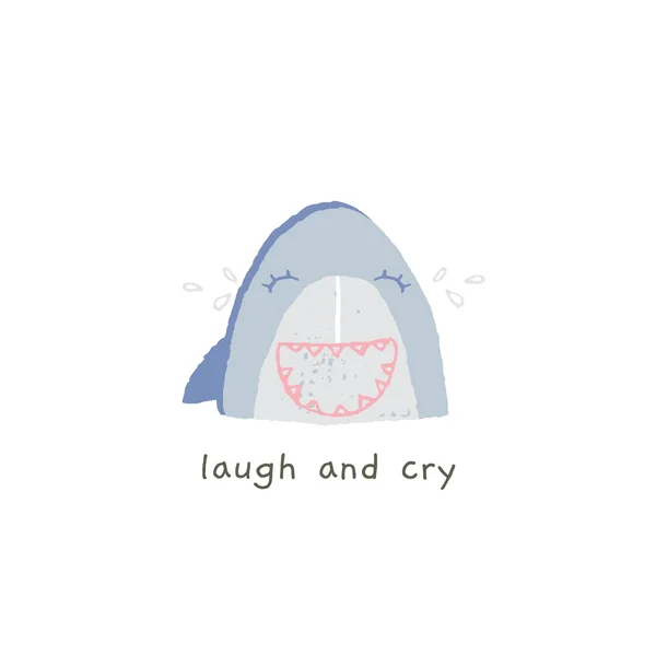 Cute shark smile with emotions. Laugh and cry. Vector hand drawn emoji.