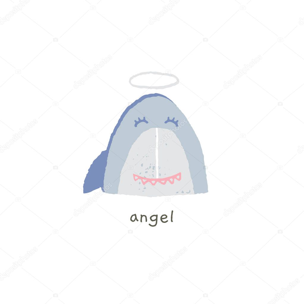 Lovely shark smile with a halo. Angel. Hand drawn vector emoji.