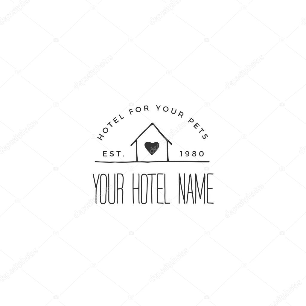 Vector hand drawn logo template for pets related business. A house. Illustration for pet hotel, shop or cafe, veterinary clinic. Domestic animals. Black on white isolated symbol.