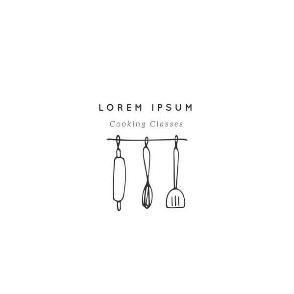 Modèle de logo de cuisine, vaisselle de cuisine. Objet vectoriel dessiné à la main . — Image vectorielle