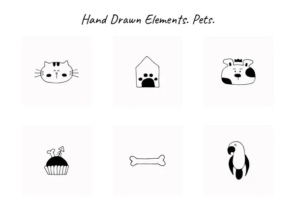 Conjunto de ícones desenhados à mão vetoriais, animais domésticos. Elementos do logotipo para negócios relacionados com animais de estimação . —  Vetores de Stock
