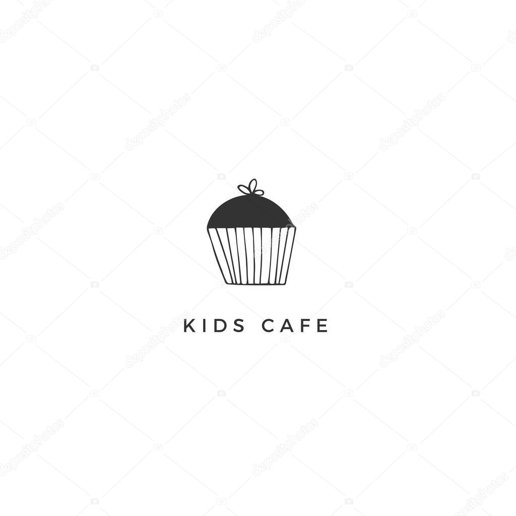 Cupcake premade logo template. Vector hand drawn illustration. For kitchen related business branding and identity. Black on white isolated symbol.