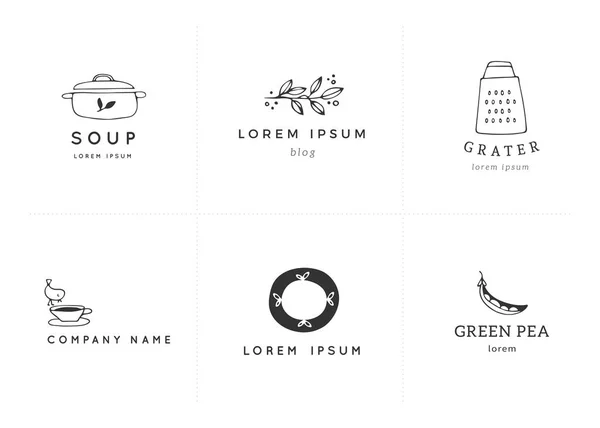 Рука намальована векторними об'єктами. Шаблони логотипів для кухні та їжі . — стоковий вектор