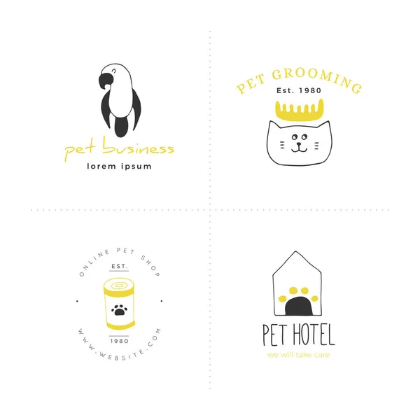 Conjunto de iconos dibujados a mano vectoriales, animales domésticos. Plantillas de logotipo para mascotas . — Archivo Imágenes Vectoriales