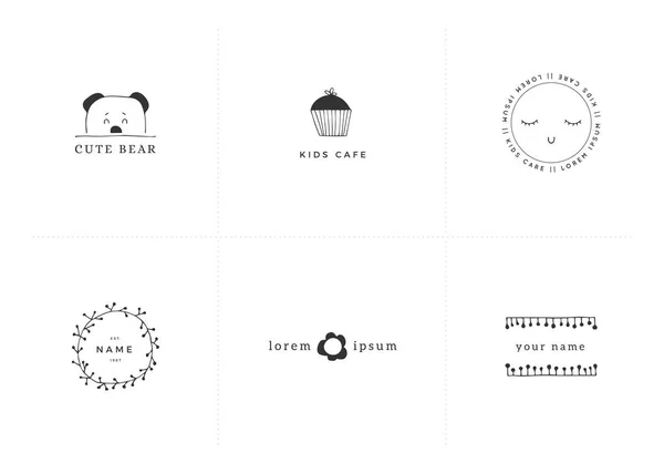 Modelli di logo preconfezionati per le aziende legate ai bambini. Insieme vettoriale di illustrazioni disegnate a mano . — Vettoriale Stock