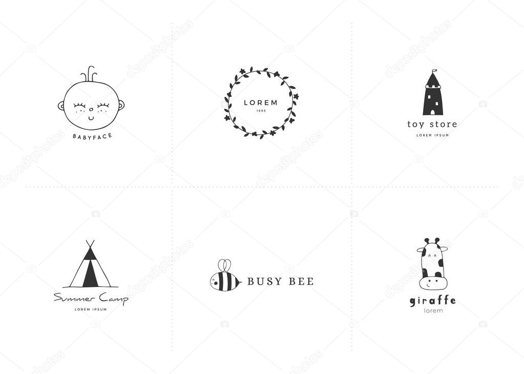 Set of vector logo templates for children related businesses branding and identity. For kids club, camp or shop, for professional nanny. Black on white illustration.