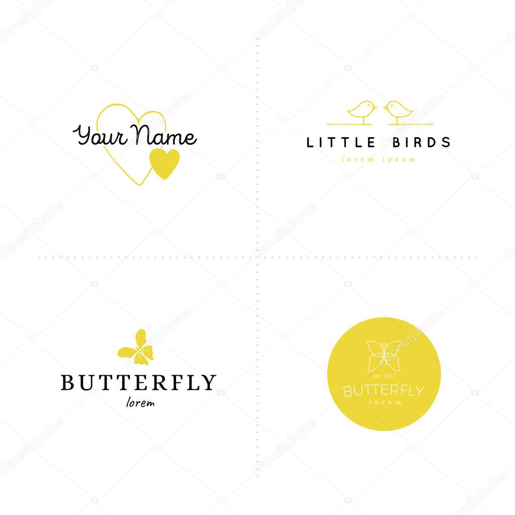 Vector hand drawn logo templates. Romantic and wedding feminine logo elements. Isolated symbols for greeting cards, business branding and identity, overlays.