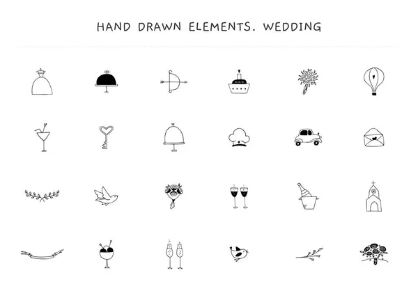 Esküvői jel elemek beállítása. Vektor kézzel rajzolt objektumok. — Stock Vector