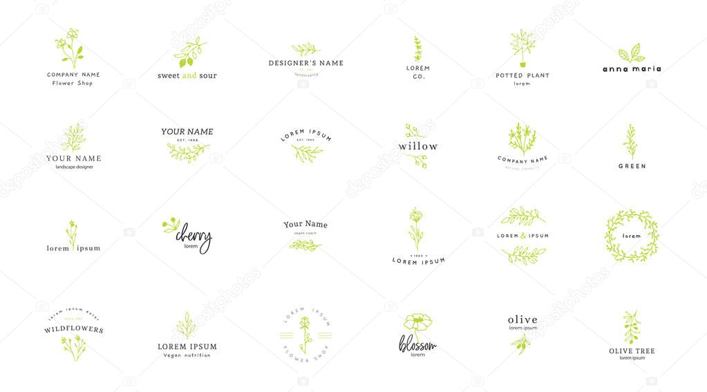 Vector set of floral hand drawn logo templates in elegant and minimal style. Isolated objects, flowers and branches with leaves. For badges, labels, logotypes and branding business identity.