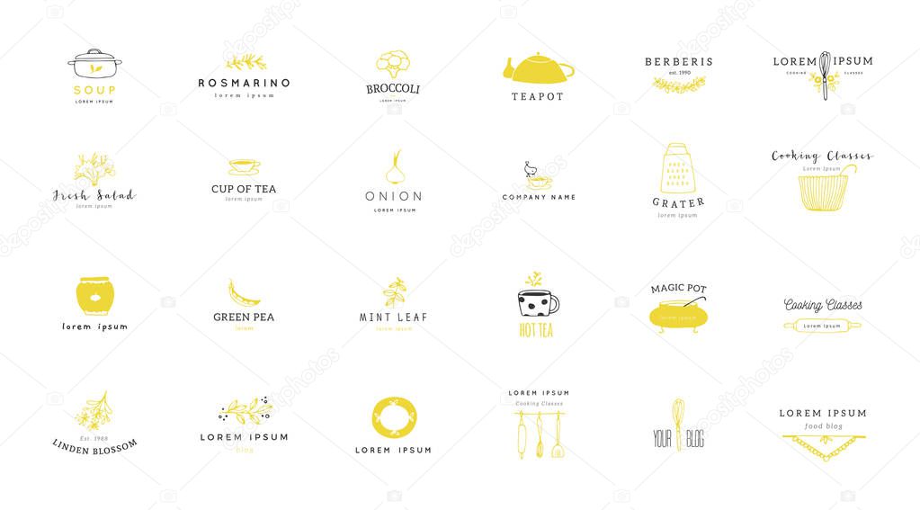 Set of vector hand drawn logo templates. Kitchen and food theme. Isolated symbols for business branding and identity, for food blogs and websites, for grocery stores and cooking classes.