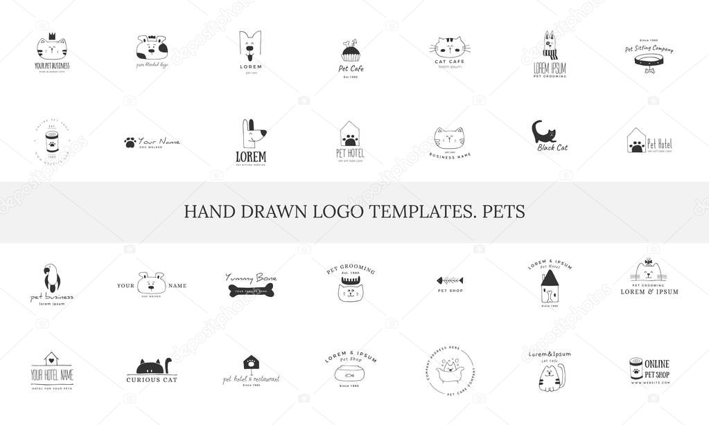 Set of vector hand drawn icons, domestic animals. Logo templates for pets related business.