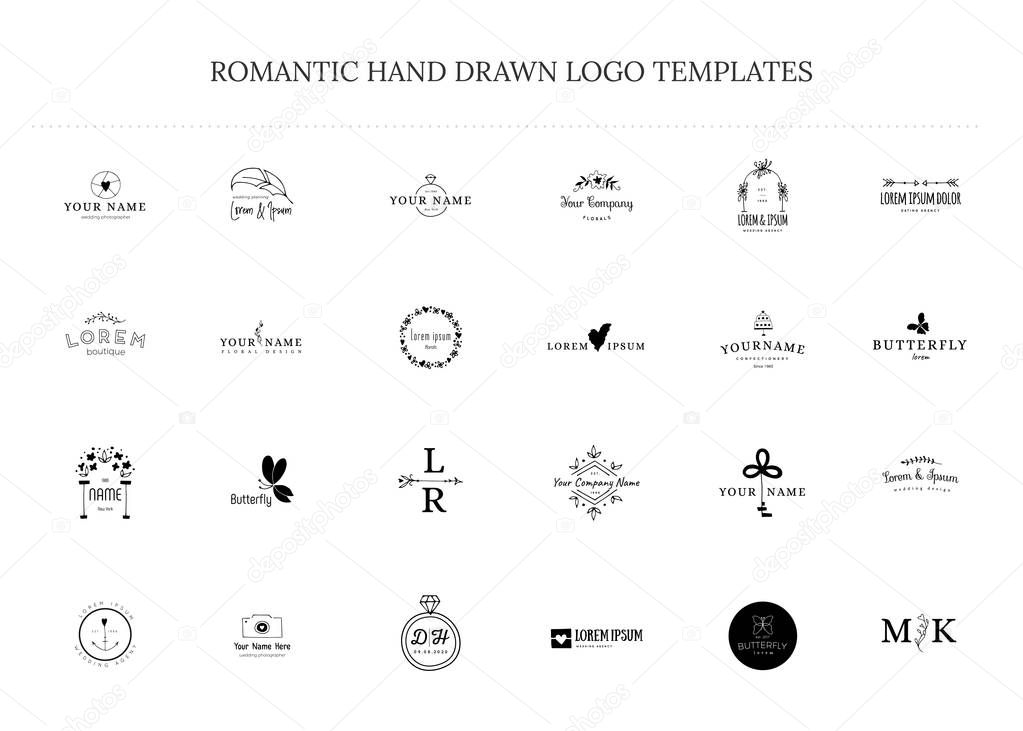 Romantic logo templates. Vector hand drawn objects.