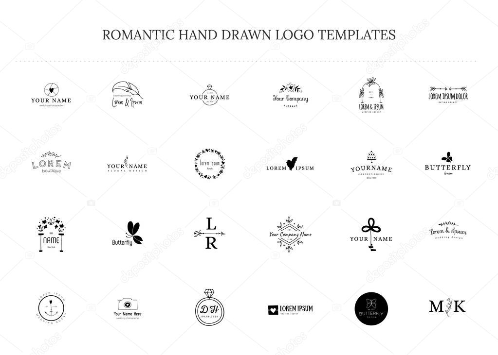 Romantic and wedding clipart, feminine logo elements. Vector set of hand drawn logo templates. For business branding and identity, greeting cards, overlays. Black on white isolated symbols.