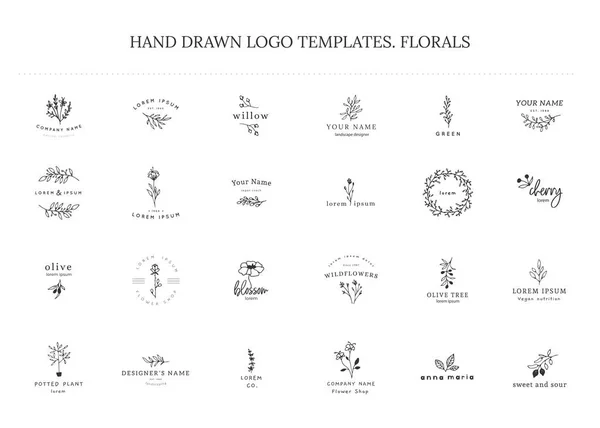 Vector set floral hand getrokken logo sjablonen in elegante en minimale stijl. — Stockvector