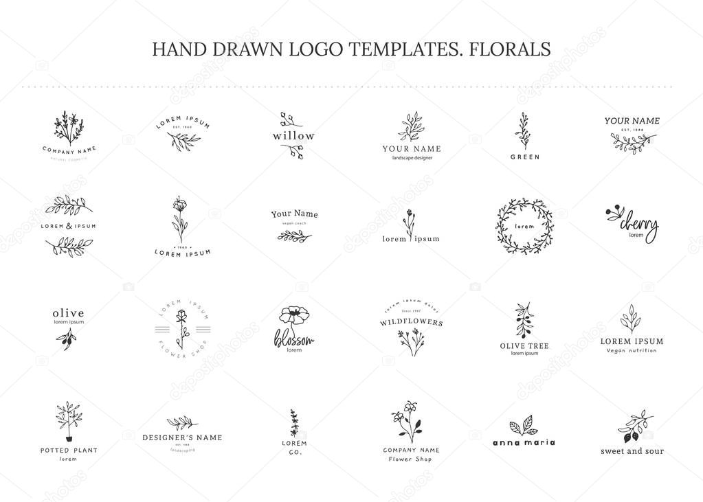 Vector set of floral hand drawn logo templates in elegant and minimal style. Isolated objects, flowers and branches with leaves. For badges, labels, logotypes and branding business identity.