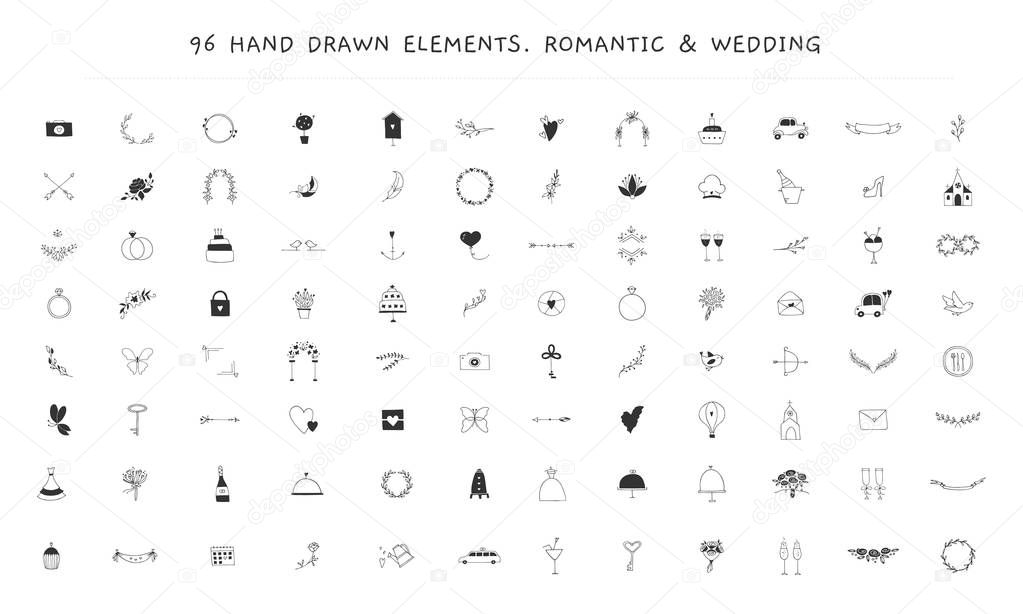 Big wedding and romantic logo elements set. Vector hand drawn objects, feminine clipart. For business branding and identity, greeting cards, overlays. Black on white isolated symbols.