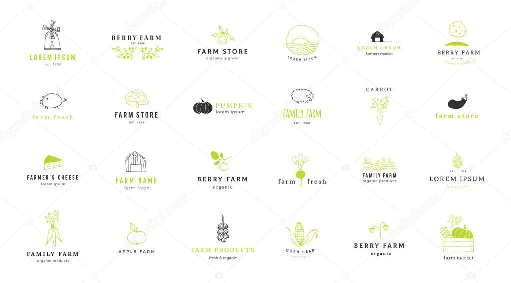 Farm logo templates set. Vector hand drawn minimal objects.