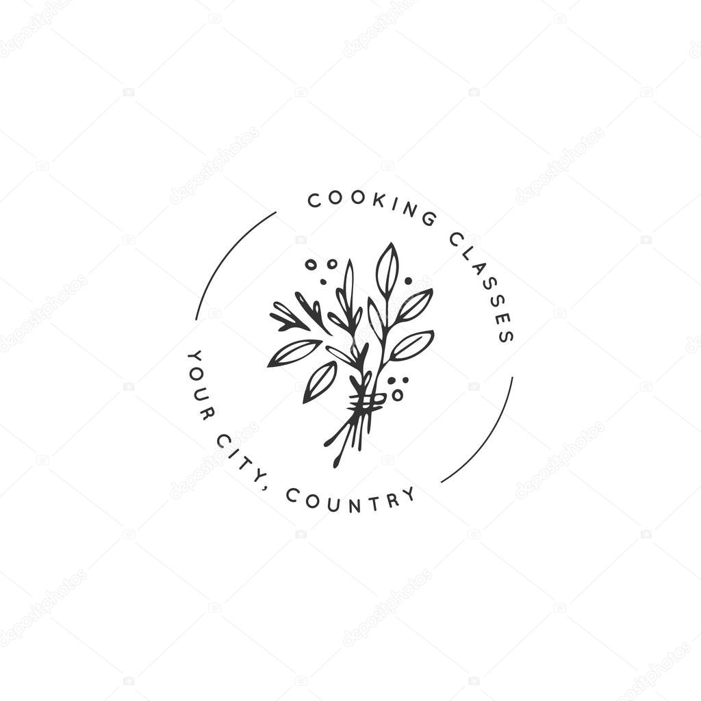 Vector hand drawn object, a bunch of spices. Kitchen and food theme. Round logo template. Isolated symbol for business branding and identity, for food blogs and websites, for cooking classes.