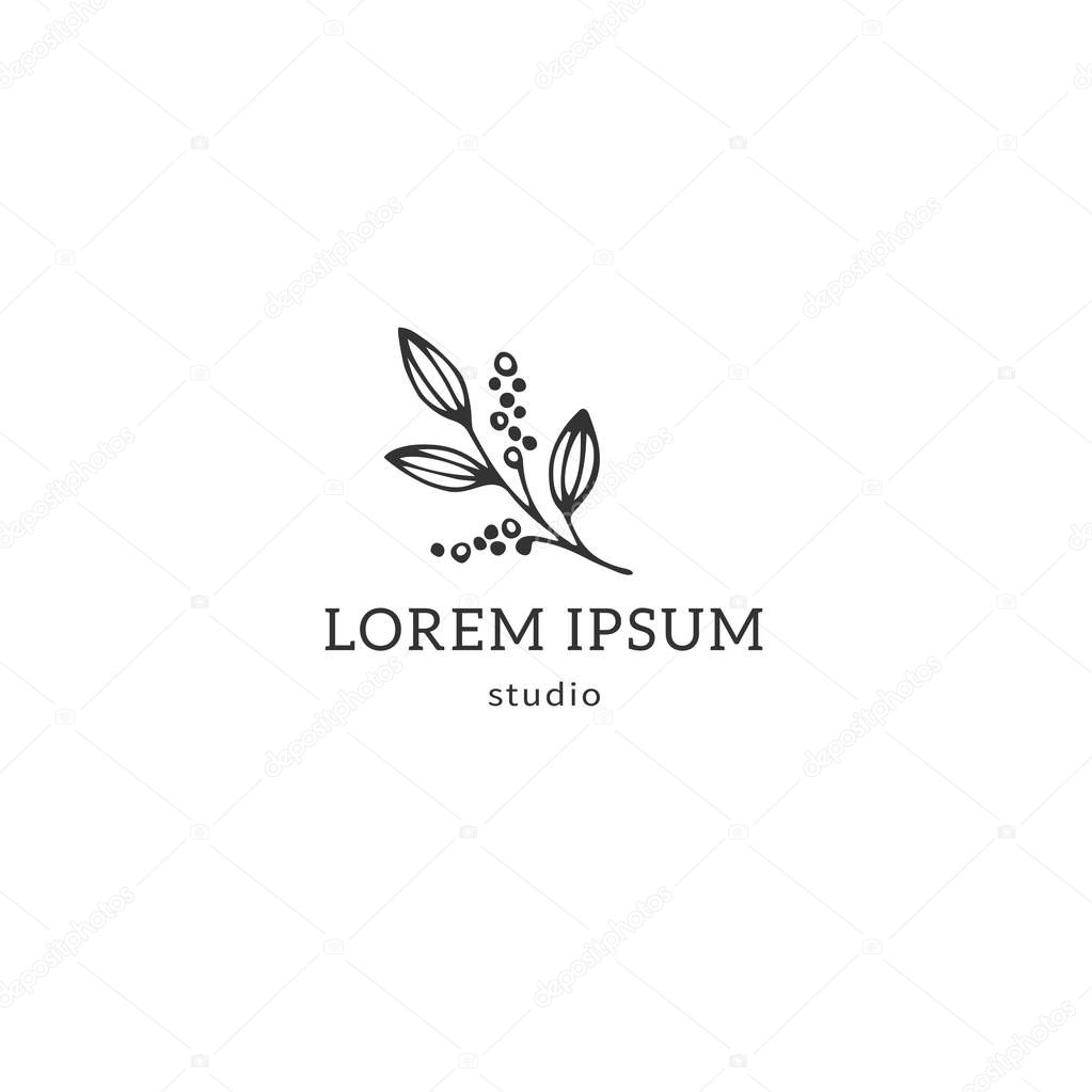Kitchen and food theme. Vector hand drawn object, a sprig of pepper. Minimal logo template. Isolated symbol for business branding and identity, for food blogs and websites, for cooking classes.