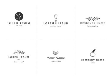 Vektör el çizilmiş logo şablonları ayarlayın. Bahçe ve peyzaj teması.