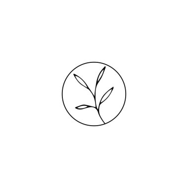 El çizilmiş izole doğa ile ilgili illüstrasyon. Vektör logo öğesi, daire şeklinde yaprakları olan bir dal.