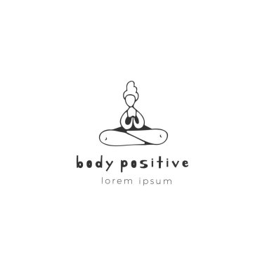 Vektör el çizilmiş logo şablonu. Mutlu kilolu kadın yoga yapıyor. Artı boyutu kavramı, vücut pozitif.