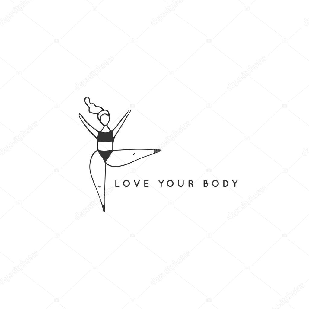 Happy overweight dancing woman. Vector hand drawn logo template. Plus size concept, body positive. Perfect for large-size clothing stores and resources devoted to the harmony with your body.