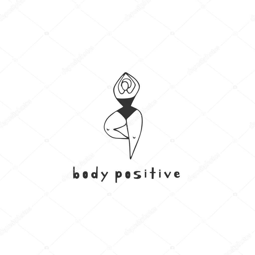 Vector hand drawn logo template. Happy dancing overweight woman. Plus size concept, body positive. Perfect for resources devoted to the harmony with your body and large-size clothing stores.