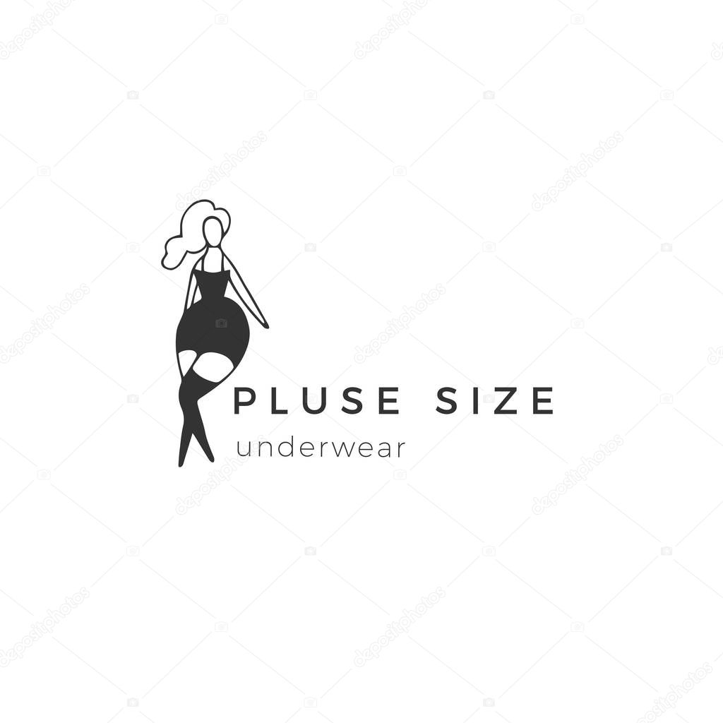Attractive happy overweight woman. Hand drawn vector logo template. Body positive, plus size concept. Perfect for large-size clothing stores and resources devoted to the harmony with your body.