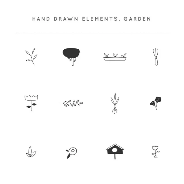Ręcznie rysowane ogród na białym tle ilustracji. Zestaw elementów logo Vector. — Wektor stockowy