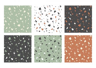 Vektör el işi kağıt kesme dokular. İtalyan terrazzo, renkli soyut dikişsiz desenler kümesi.