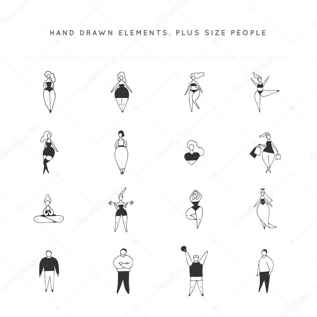 Set of hand drawn icons. Happy attractive overweight women and men. Body positive concept. Vector illustration. Love your body. For large-size clothing stores.