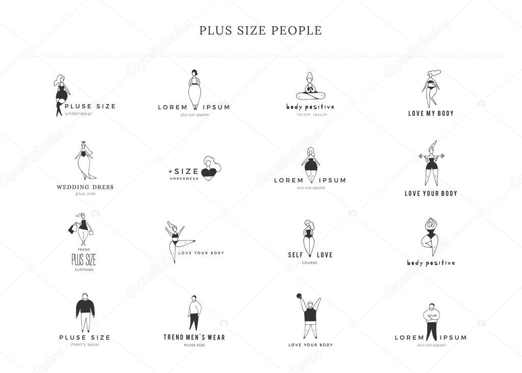 Set of hand drawn icons with text. Body positive concept. Happy attractive overweight women and men. Vector illustration. Love your body. For large-size clothing stores.