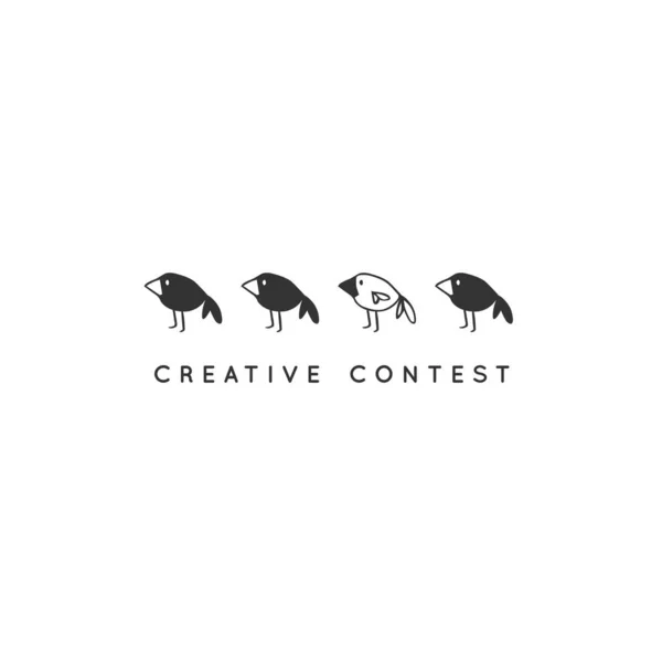 Een witte kraai onder zwarte vogels, symbool van buitengewone persoonlijkheid. Vector hand getekende minimale logo sjabloon. — Stockvector