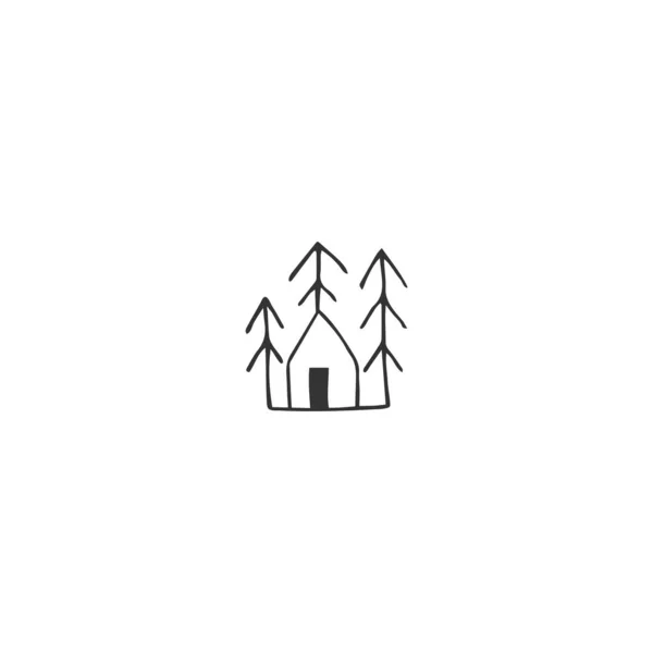 Handgezeichnetes Vektorsymbol, ein Haus in einem Wald zwischen Bäumen. Thema Vermietung. — Stockvektor