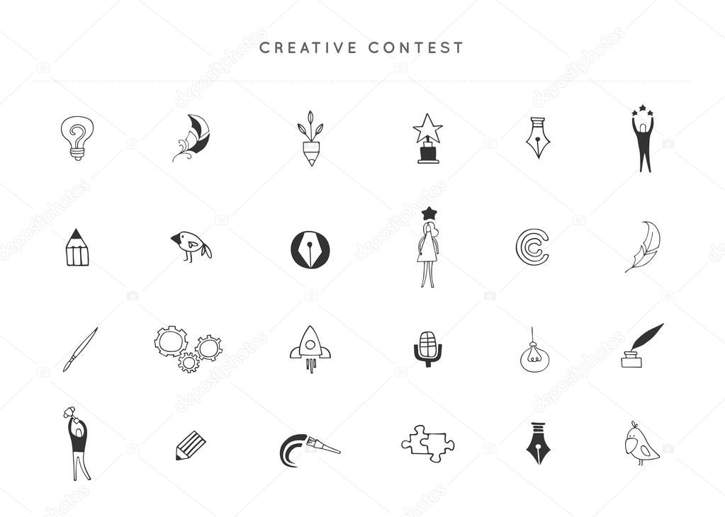Vector set of hand drawn icons. Creative Contest theme.