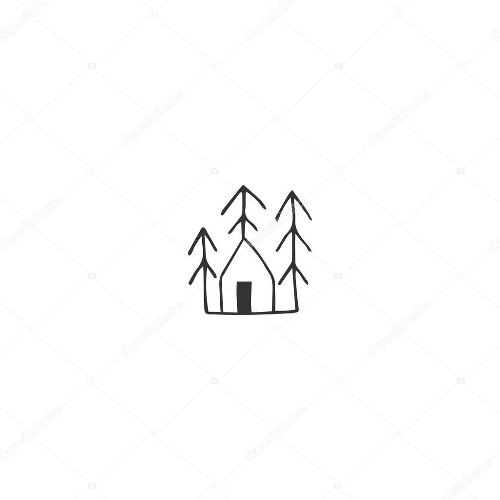 Hand drawn vector icon, a house in a forest among the trees. Property rental theme. For real estate agents and house owners. Business branding and identity.