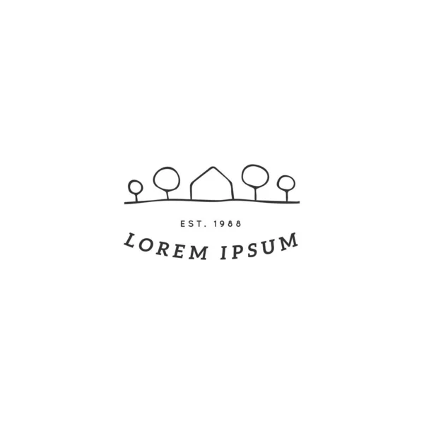 A house in a garden among the trees. Hand drawn vector logo template. Property rental theme. — 스톡 벡터