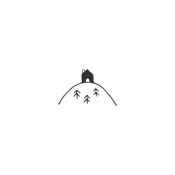 Handgezeichnetes Vektorsymbol, ein Haus auf dem Gipfel des Berges. Thema Vermietung. — Stockvektor