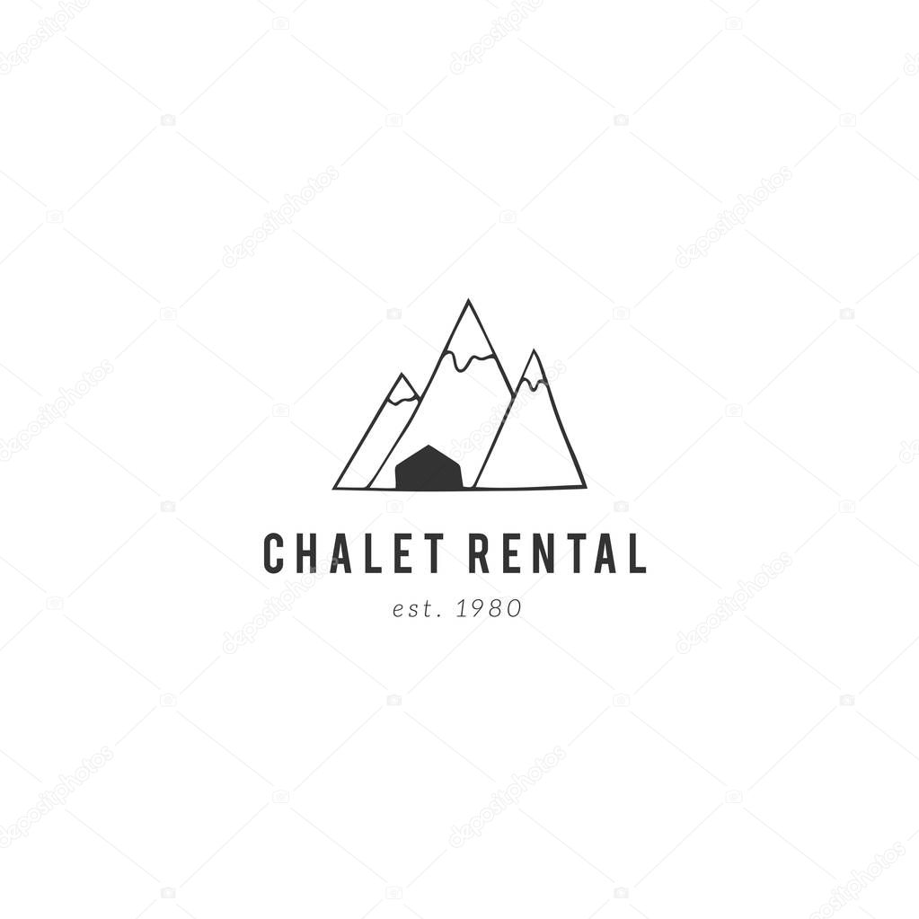Property rental theme. Hand drawn vector logo template, a house at the foot of the mountain. For business branding and identity, for real estate agents and house owners.