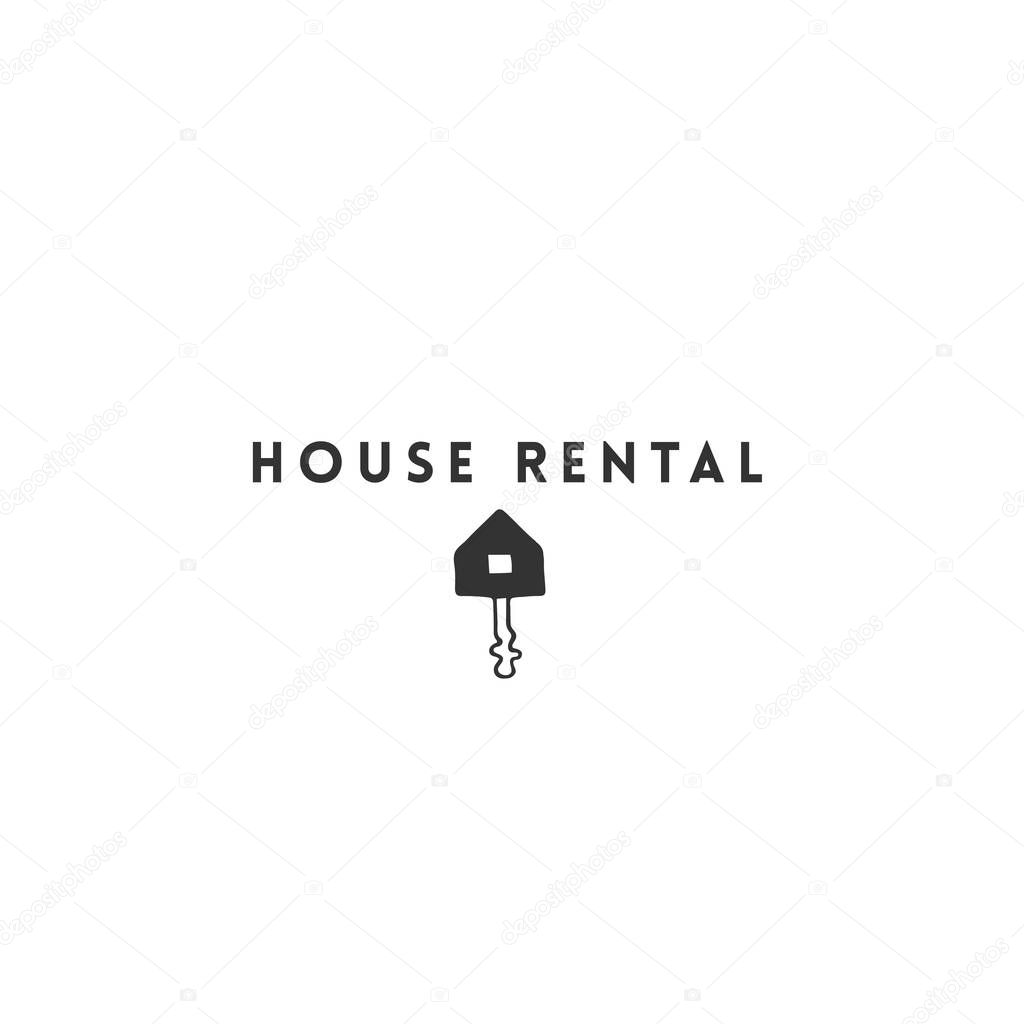 Property rental theme. Vector hand drawn minimal logo template with a key. For business branding and identity, for real estate agents and house owners.