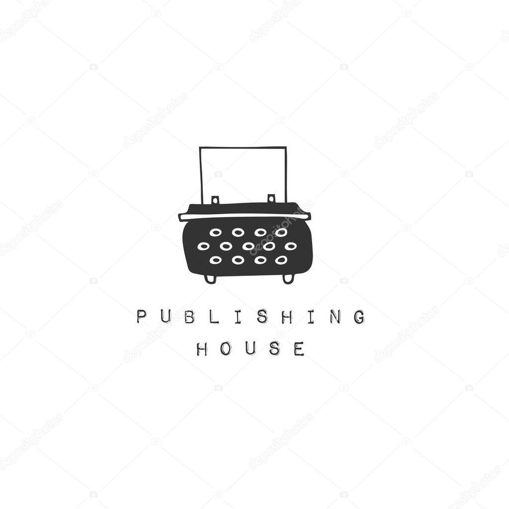 Vector hand drawn logo template with a typewriter icon. Publishing, writing and copywriting theme. For business branding and identity, for writers and publishers, for journalists and bloggers.