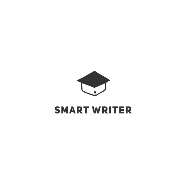 Plantilla de logotipo dibujado a mano vectorial, un sombrero de escuela de posgrado con una punta de pluma. Redacción, redacción y publicación del tema . — Vector de stock