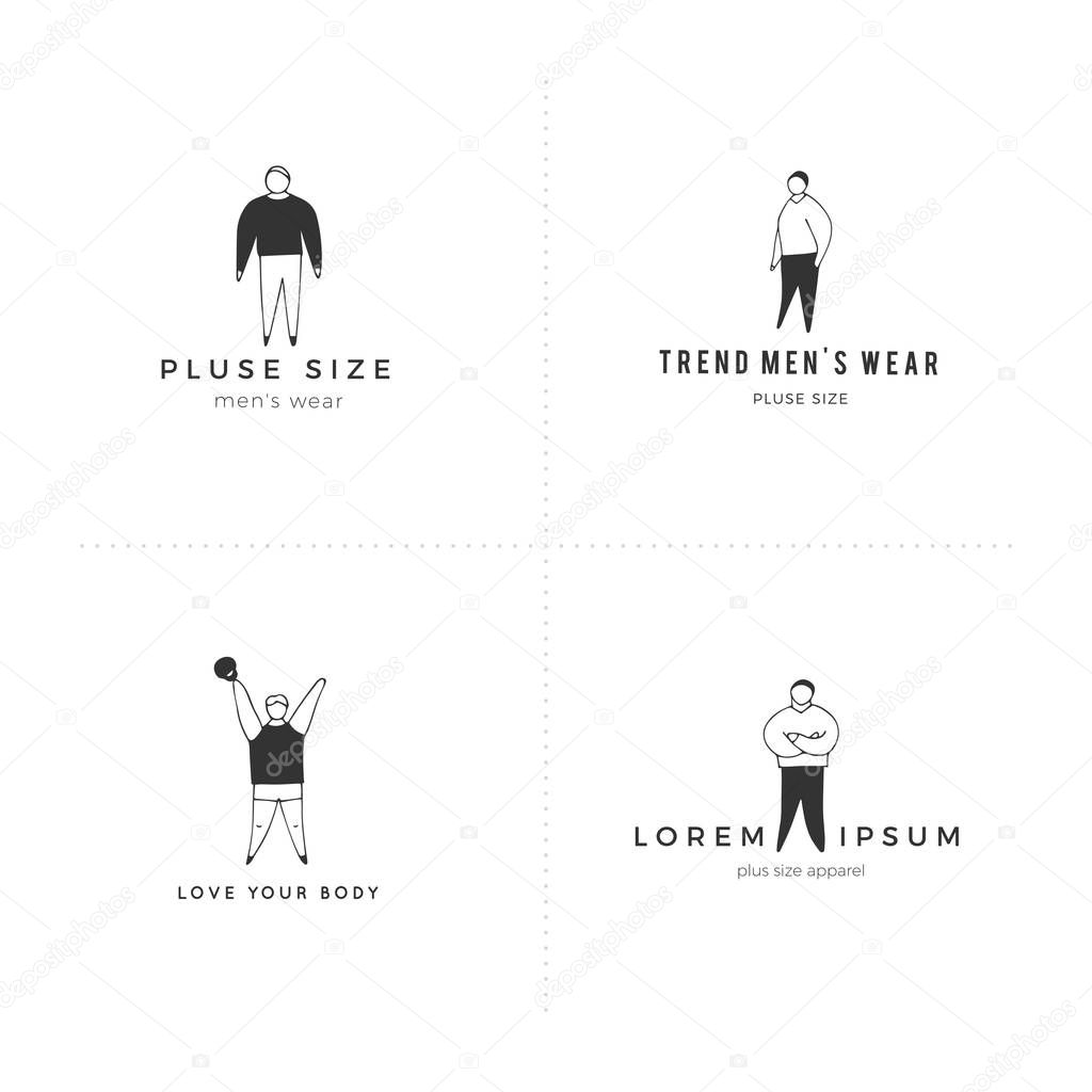 Happy attractive overweight men. Body positive concept. Set of hand drawn vector icons with text. Love your body. For large-size clothing stores.