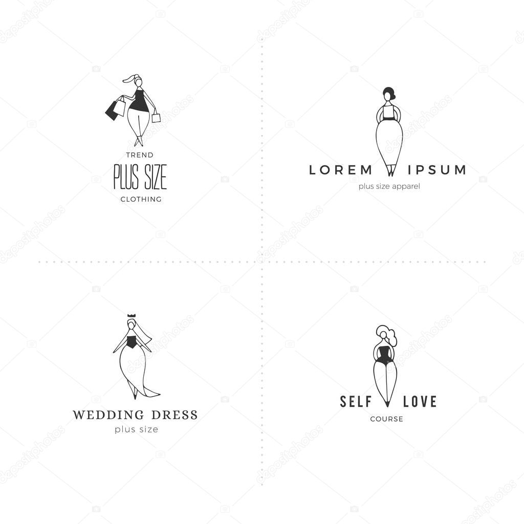 Vector set of hand drawn icons with text. Body positive concept. Attractive happy overweight women. Love your body. For large-size clothing stores.