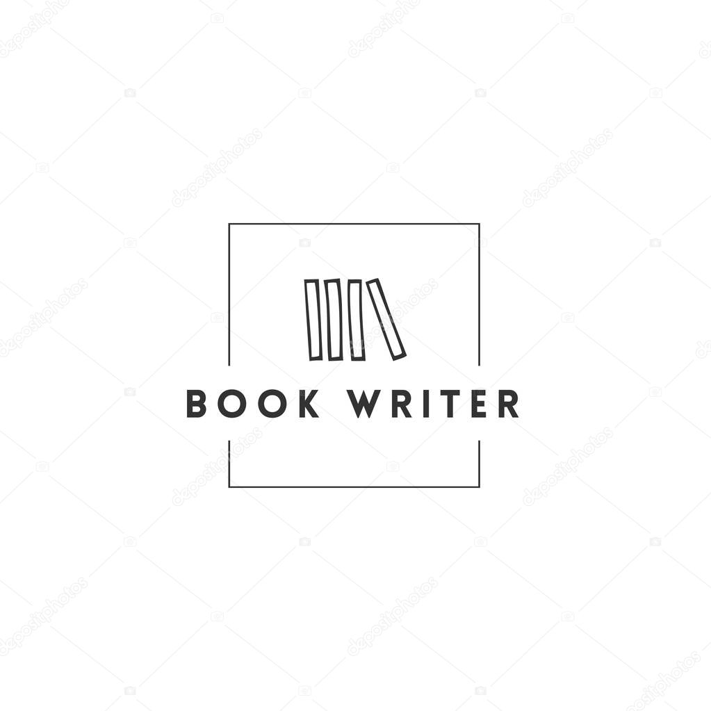 Publishing, writing and copywrite theme. Hand drawn vector logo template with books in a in square shape. For business identity and branding, for writers, copywriters and publishers.